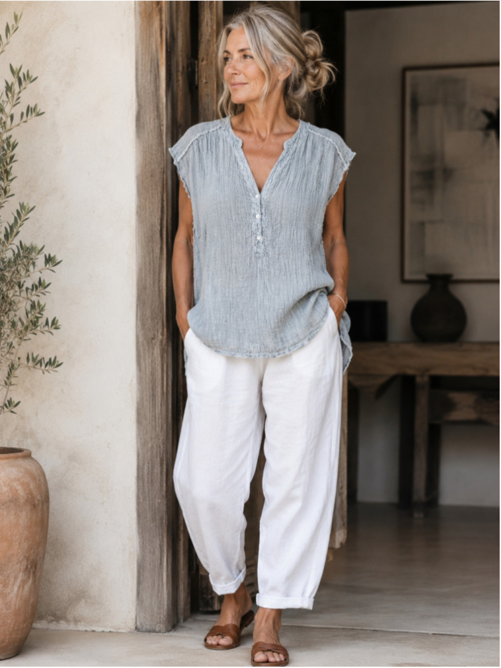 Meo Meli Blouse Women M Linen Cotton Gauze Raw Hem Lagenlook Art Teacher Gray